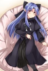 Rule 34 | 1girl, black capelet, black dress, black pantyhose, black ribbon, blue hair, blush, capelet, commentary request, dress, feet out of frame, from above, fur trim, hair ribbon, highres, len (tsukihime), long dress, long hair, long sleeves, looking at viewer, lying, melty blood, on back, pantyhose, parted lips, pom pom (clothes), red eyes, ribbon, sabujiroko, solo, tsukihime