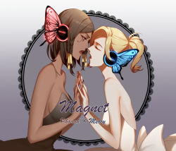 Rule 34 | 2girls, asd13, bad aspect ratio, bad id, bad pixiv id, bare shoulders, black dress, black eyes, black hair, black nails, blonde hair, braid, breasts, butterfly hair ornament, butterfly wings, character name, closed eyes, collarbone, crossover, dark-skinned female, dark skin, dress, eye of horus, eyelashes, face-to-face, facial mark, facial tattoo, fingernails, from side, hair ornament, hair tubes, headphones, highres, holding hands, insect wings, lips, long fingernails, magnet (vocaloid), medium breasts, mercy (overwatch), multiple girls, nail polish, open mouth, overwatch, overwatch 1, parody, pharah (overwatch), pink lips, side braids, sleeveless, sleeveless dress, swept bangs, tattoo, teeth, upper body, vocaloid, white dress, wings, yuri