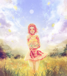 Rule 34 | 1girl, :d, arm warmers, bad id, bad pixiv id, blue sky, blurry, blush, buttons, choker, cloud, crossed arms, day, depth of field, detached sleeves, dress, flower, grass, hairband, headband, holding, holding flower, jojo no kimyou na bouken, light particles, looking at viewer, noriuma, nose blush, open mouth, outdoors, petals, pink dress, plant, pleated dress, red eyes, red hair, sky, smile, solo, standing, sugimoto reimi, sunlight, yellow flower
