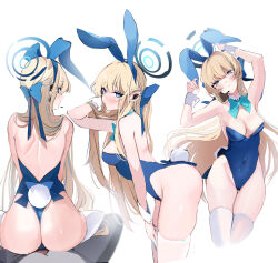 Rule 34 | 1boy, 1girl, absurdres, animal ears, ass, bare shoulders, blonde hair, blue archive, blue eyes, blue leotard, bow, bowtie, braid, breasts, detached collar, fake animal ears, girl on top, halo, hetero, highres, leotard, long hair, looking at viewer, medium breasts, multicolored hair, multiple views, niku (hamuchang), official alternate costume, playboy bunny, rabbit ears, strapless, strapless leotard, streaked hair, thigh gap, thighhighs, thighs, toki (blue archive), toki (bunny) (blue archive), very long hair, white background, white thighhighs, wrist cuffs