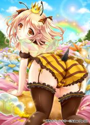 Rule 34 | 1girl, all fours, ass, bare shoulders, black thighhighs, blonde hair, blush, brown eyes, brown ribbon, cameltoe, company name, crown, flower, garter straps, hair ribbon, honey, insect wings, jar, looking at viewer, picpicgram, plaid, plaid ribbon, ribbon, shinkai no valkyrie, short hair, short twintails, solo, stinger, thighhighs, twintails, wings