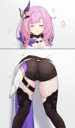 Rule 34 | 1girl, absurdres, artist name, artist request, ass, black shorts, boots, breasts, cameltoe, closed eyes, elysia (honkai impact), hair ornament, highres, honkai (series), honkai impact 3rd, motion lines, open mouth, parted lips, pink hair, pointy ears, shiny clothes, shiny skin, short shorts, shorts, sigh, solo, stuck, thick thighs, thigh boots, thighhighs, thighs, through wall
