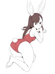 Rule 34 | 1girl, ass, barefoot, brown eyes, brown hair, coco (setawar), feet, highres, leotard, little witch academia, long hair, lying, on stomach, playboy bunny, red leotard, soles, solo, toes