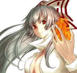 Rule 34 | 1girl, bow, breasts, female focus, fire, fujiwara no mokou, hair bow, kuronuko neero, long hair, medium breasts, open clothes, open shirt, red eyes, shirt, silver hair, simple background, smile, solo, touhou, upper body, white background
