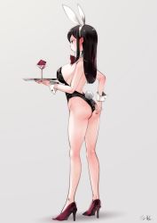 Rule 34 | 1girl, adjusting clothes, adjusting leotard, animal ears, artist name, ass, backless outfit, black hair, bow, bowtie, breasts, closed mouth, commentary, condom, cup, detached collar, drinking glass, fake animal ears, fake tail, from side, full body, grey background, hand on own ass, high heels, highres, holding, large breasts, leotard, long hair, looking to the side, original, playboy bunny, rabbit ears, rabbit tail, red bow, red bowtie, red footwear, signature, simple background, solo, souryu, standing, strapless, strapless leotard, tail, tray, wedgie, wine glass