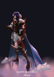 1boy absurdres alcryst_(fire_emblem) armor blue_hair cape circlet fire_emblem fire_emblem_engage full_body fur_trim highres looking_to_the_side male_focus nanashi_kuno nintendo red_eyes shirt short_hair shoulder_armor solo standing