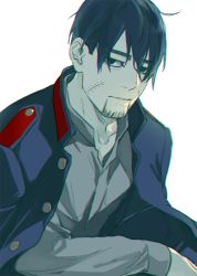 Rule 34 | 1boy, alternate hairstyle, black eyes, black hair, closed mouth, facial hair, scar on face, goatee, golden kamuy, hair strand, isa (peien516), jacket, jacket on shoulders, long sleeves, looking at viewer, male focus, messy hair, military, military uniform, ogata hyakunosuke, scar, scar on cheek, scar on face, shirt, short hair, simple background, solo, uniform, upper body