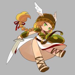 Rule 34 | 1girl, absurdres, armor, belt, bracer, braid, breastplate, brown headwear, chibi, closed mouth, dot mouth, dress, full body, green eyes, grey background, hair ribbon, helmet, highres, holding, holding shield, holding sword, holding weapon, long hair, mota, pauldrons, red ribbon, ribbon, sandals, shield, shoulder armor, simple background, solo, sword, valkyrie (vnd), valkyrie no densetsu, weapon, white dress, winged helmet