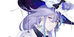 Rule 34 | 1boy, absurdres, black bow, blending, blue hair, bow, collared jacket, diffraction spikes, downer witch (vocaloid), fake horns, flower, frilled shirt collar, frills, hair between eyes, hair over shoulder, hat, hat bow, hat flower, highres, hitodama, holostars, horned headwear, horns, jacket, kurogareki, light smile, liquid clothes, long hair, looking at viewer, male focus, minase rio, multicolored hair, parted lips, portrait, purple eyes, purple flower, purple hair, purple rose, rose, shirt, sideways glance, simple background, solo, streaked hair, two-sided fabric, two-sided headwear, virtual youtuber, white background, white flower, white hat, white jacket, white shirt, witch hat