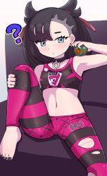 Rule 34 | 1girl, ?, asymmetrical bangs, barefoot, black collar, black hair, black nails, blush, closed mouth, collar, commentary request, couch, creatures (company), cropped shirt, dusk ball, earrings, eyelashes, game freak, green eyes, hair ribbon, hand up, highres, holding, holding poke ball, jewelry, kutabireta neko, leggings, marnie (pokemon), nail polish, navel, nintendo, poke ball, pokemon, pokemon swsh, red ribbon, ribbon, shirt, sitting, sleeveless, sleeveless shirt, solo, spread legs, toenail polish, toenails, toes, torn clothes, torn leggings, twintails, two side up