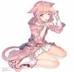Rule 34 | 10s, 1girl, 2016, ;p, animal ears, blush, boots, braid, cat ears, cat tail, child, commentary request, dated, ears down, eyebrows, final fantasy, final fantasy xiv, looking at viewer, miqo&#039;te, momoko (momopoco), one eye closed, paw pose, pink eyes, pink hair, ribbon-trimmed clothes, ribbon trim, robe, seiza, shiny skin, simple background, sitting, skirt, slit pupils, solo, t&#039;kebbe, tail, tareme, tongue, tongue out, twitter username, wariza, white background