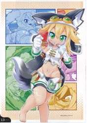 Rule 34 | 1girl, animal ears, blonde hair, crop top, cyberconnect2, eating, fang, goggles, green eyes, hat, highres, midriff, navel, neptune (series), one eye closed, open mouth, short hair, smile, solo, tail, tears
