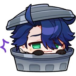 Rule 34 | 1boy, :3, ahoge, blue hair, chibi, commentary, english commentary, furrowed brow, green eyes, hair between eyes, honkai: star rail, honkai (series), in trash can, looking at viewer, male focus, official art, sampo koski, solo, transparent background, trash can