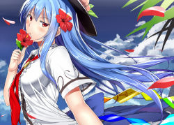 Rule 34 | 1girl, :o, blue hair, blue sky, blush, breasts, cloud, collared shirt, day, flower, food, food on head, fruit, fruit on head, hair flower, hair ornament, hat, hibiscus, hinanawi tenshi, large breasts, looking at viewer, necktie, neropaso, object on head, open mouth, peach, petals, red eyes, sash, shirt, skirt, sky, smelling flower, solo, touhou