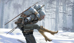 Rule 34 | 1boy, 1girl, armor, artist name, beard, carrying, ciri, facial hair, father and daughter, geralt of rivia, highres, piggyback, pine tree, snow, the witcher (series), the witcher 3, tree, weapon, weapon on back, white background, wlop