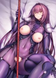 Rule 34 | 1girl, armor, blush, bodysuit, breasts, breasts out, covered navel, fate/grand order, fate (series), gae bolg (fate), hair between eyes, hair intakes, large breasts, long hair, looking at viewer, lying, matsunaga garana, nipples, on back, parted lips, pauldrons, pillow, polearm, purple bodysuit, purple hair, red eyes, scathach (fate), shoulder armor, smile, solo, spear, thighs, torn bodysuit, torn clothes, weapon