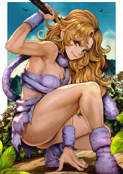 Rule 34 | 1girl, artist name, ass, ayla (chrono trigger), bare legs, bare shoulders, blonde hair, blue sky, blush, boots, border, breasts, caveman, chrono trigger, closed mouth, club (weapon), collarbone, commentary request, curly hair, day, dinosaur, fake tail, fingernails, forehead, full body, fur boots, grey scarf, highres, holding, holding club, leaf, looking at viewer, magion02, outdoors, parted bangs, patreon username, plant, purple eyes, scarf, sky, smile, solo, squatting, tail, thick eyebrows, thighs, toned, weapon, weapon behind back, white border, wrist cuffs