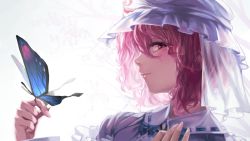 Rule 34 | 1girl, backlighting, bad id, bad pixiv id, blue dress, blush, bug, butterfly, butterfly on hand, dress, geppewi, hat, insect, light smile, looking at viewer, pink eyes, pink hair, portrait, profile, saigyouji yuyuko, short hair, smile, solo, touhou, triangular headpiece, upper body, veil