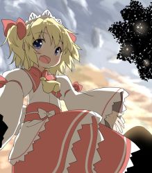 Rule 34 | 1girl, :d, anime coloring, blonde hair, blue eyes, blush, cloud, dress, fang, juliet sleeves, long sleeves, looking at viewer, maid headdress, natsu no koucha, open mouth, puffy sleeves, sky, smile, solo, sunny milk, touhou, tree, tree shade, two side up, wide sleeves