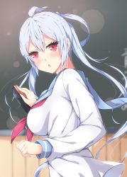 Rule 34 | 1girl, ahoge, alternate costume, blush, breasts, chestnut mouth, grey hair, hair between eyes, large breasts, long hair, long sleeves, looking at viewer, matoi (pso2), milkpanda, open mouth, phantasy star, phantasy star online 2, red eyes, school uniform, smile, solo, surprised, twintails