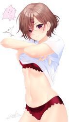 Rule 34 | !, !!, 1girl, blush, bra, brown hair, clothes lift, eyes visible through hair, floral print, hair between eyes, hair ornament, hair over one eye, hairclip, highres, higuchi madoka, idolmaster, idolmaster shiny colors, lace, lace-trimmed bra, lace-trimmed panties, lace trim, lifting own clothes, looking at viewer, mole, mole under eye, navel, panties, purple eyes, red bra, red panties, shirt, shirt lift, short hair, short sleeves, signature, simple background, solo, speech bubble, underwear, underwear only, white background, white shirt, yoruhoshi owl