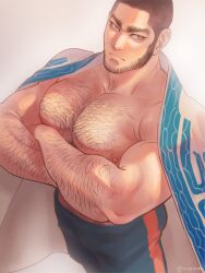 Rule 34 | 1boy, ainu clothes, arm hair, bara, bare pectorals, beard, black hair, blue pants, buzz cut, chest hair, coat, coat on shoulders, crossed arms, facial hair, facial scar, feet out of frame, from above, golden kamuy, hairy, large pectorals, looking at viewer, male focus, mature male, muscular, muscular male, nipples, nopinzo, pants, pectoral lift, pectorals, scar, scar on cheek, scar on face, short hair, sideburns, solo, standing, tanigaki genjirou, thick eyebrows, very short hair