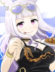 Rule 34 | 1girl, animal ears, black choker, black one-piece swimsuit, blush, bracelet, breasts, choker, chopsticks, cleavage, commentary request, earrings, gold ship (run revolt launcher) (umamusume), gold ship (umamusume), grey hair, holding, holding chopsticks, holding plate, horse ears, horse girl, jewelry, large breasts, long hair, official alternate costume, official alternate hairstyle, one-piece swimsuit, plate, purple eyes, sangria (sangria69), single earring, smile, solo, sunglasses, swimsuit, tongue, tongue out, umamusume, v-shaped eyebrows, yakisoba