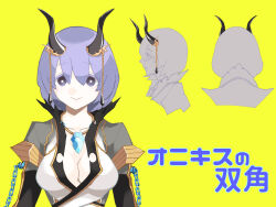 Rule 34 | 1girl, black eyes, black horns, breasts, bright pupils, chain, cleavage, closed mouth, coat, commentary request, crystal, grey coat, hair between eyes, highres, horns, jewelry, kusabi (aighe), long bangs, looking at viewer, medium breasts, multiple views, necklace, purple hair, ragnarok online, short hair, simple background, smile, translation request, upper body, warlock (ragnarok online), white pupils, yellow background