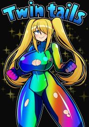 Rule 34 | 1girl, alternate costume, alternate hairstyle, black background, blonde hair, breasts, cleavage, cleavage cutout, clenched hands, clothing cutout, highres, iriomote umineko, large breasts, looking to the side, metroid, nintendo, rainbow, ripping, samus aran, skin tight, smile, solo, sparkle, symbol, thick thighs, thighs, twintails, zero suit
