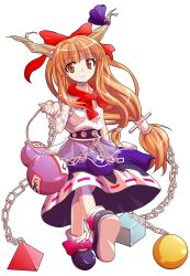 Rule 34 | 1girl, alphes (style), belt, blonde hair, bow, brown eyes, chain, dairi, full body, gourd, hair bow, horn ornament, horn ribbon, horns, ibuki suika, long hair, looking at viewer, low-tied long hair, parody, ribbon, shirt, skirt, sleeveless, sleeveless shirt, smile, solo, style parody, touhou, transparent background, very long hair, walking, weights, wrist cuffs