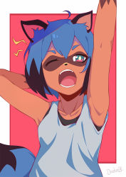 Rule 34 | 1girl, ahoge, animal ears, arm behind head, arm up, armpits, artist name, bare arms, black shirt, blue hair, blue shirt, body fur, brand new animal, breasts, collarbone, commentary, darahan, fangs, furry, furry female, hair between eyes, kagemori michiru, lower teeth only, one eye closed, open mouth, raccoon ears, raccoon girl, raccoon tail, red background, red eyes, shirt, short hair, simple background, small breasts, solo, tail, teeth, upper body, upper teeth only, white background, yawning