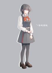 Rule 34 | 1girl, asanagi yori, black hair, black pantyhose, blue eyes, bow, bowtie, brown footwear, chinese commentary, chinese text, closed mouth, collared shirt, commentary request, cyfrost, full body, grey background, grey skirt, grey sweater vest, hair intakes, loafers, long sleeves, looking at viewer, outline, pantyhose, red bow, red bowtie, sasayaku you ni koi wo utau, school uniform, shirt, shoes, sidelocks, simple background, skirt, solo, sweater vest, translation request, white outline, white shirt