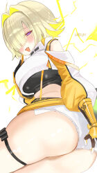 Rule 34 | 1girl, :d, ahoge, artist name, black gloves, black sports bra, blonde hair, blush, breasts, clothing cutout, crop top, crop top overhang, cropped sweater, elegg (nikke), exposed pocket, gloves, goddess of victory: nikke, grey shorts, hair intakes, hair over eyes, haruri, highres, large breasts, long bangs, long sleeves, looking at viewer, micro shorts, multicolored clothes, multicolored gloves, multicolored hair, navel, open mouth, purple eyes, short hair, shorts, shoulder cutout, smile, solo, sports bra, suspender shorts, suspenders, thigh strap, thighs, two-tone hair, yellow gloves