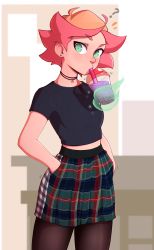 Rule 34 | 1girl, ?, absurdres, ahoge, amanda o&#039;neill, beige background, black choker, black sweater, breasts, bubble tea, choker, commentary, cowboy shot, crop top, cropped sweater, drinking, drinking straw, earrings, eyeshadow, floating, gingham skirt, green eyes, green skirt, hands in pockets, highres, jewelry, levitation, little witch academia, looking at viewer, magic, makeup, midriff, miniskirt, mouth hold, multicolored background, multicolored clothes, multicolored hair, multicolored skirt, nose, notice lines, orange hair, pantyhose, pink hair, plaid, plaid skirt, pudgeruffian, ribbed sweater, short eyebrows, short hair, short sleeves, sideburns, simple background, skirt, small breasts, solo, sparkle, standing, stud earrings, sweater