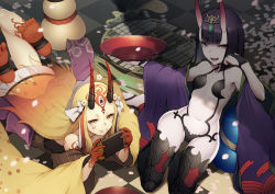 Rule 34 | 2girls, artist name, bare shoulders, barefoot, beads, blonde hair, bob cut, breasts, bridal gauntlets, cherry blossoms, collarbone, commentary request, cup, eyeliner, facial mark, fate/grand order, fate (series), fingernails, flower, food, forehead jewel, forehead mark, fruit, fruit bowl, gourd, grin, hair ribbon, handheld game console, headpiece, hip focus, holding, holding handheld game console, horns, ibaraki douji (fate), japanese clothes, kimono, kneeling, kyoeiki, legs, long hair, looking at viewer, lying, makeup, multiple girls, nintendo, nintendo switch, obi, on stomach, oni, open clothes, open kimono, photoshop (medium), purple eyes, purple hair, purple kimono, revealing clothes, ribbon, sakazuki, sash, sharp fingernails, short eyebrows, short hair, shuten douji (fate), skin-covered horns, small breasts, smile, tattoo, thighs, white ribbon, wide sleeves, yellow eyes, yellow kimono