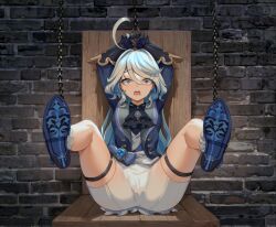 Rule 34 | 1girl, ascot, black ascot, black gloves, blue eyes, blue footwear, blue jacket, bound, chain, constricted pupils, furina (genshin impact), genshin impact, gloves, indoors, jacket, looking at viewer, multicolored hair, qingjiao rou si, restrained, scared, solo, thigh strap, thighs, two-tone hair, wall