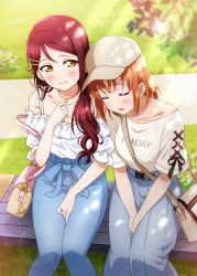 Rule 34 | 2girls, absurdres, bag, baseball cap, beige headwear, bench, between legs, blouse, blue pants, blue skirt, blush, closed eyes, closed mouth, collarbone, commentary request, day, flower, from above, grass, hair ornament, hairclip, hand between legs, handbag, hands on lap, hat, highres, jewelry, kougi hiroshi, lens flare, light particles, long hair, love live!, love live! sunshine!!, multiple girls, necklace, off-shoulder shirt, off shoulder, open mouth, orange hair, outdoors, pants, pink flower, red hair, sakurauchi riko, shirt, shirt tucked in, short hair, shoulder bag, sitting, skirt, sleeping, sleeping on person, star (symbol), star necklace, sunlight, sweatdrop, takami chika, white shirt, yellow flower, yuri