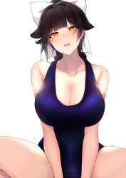 Rule 34 | 1girl, absurdres, arm support, azur lane, blue one-piece swimsuit, blunt bangs, bow, breasts, breasts squeezed together, chiru (218mg), cleavage, floppy ears, head tilt, highres, indian style, large breasts, long hair, looking at viewer, one-piece swimsuit, open mouth, orange eyes, simple background, sitting, solo, swimsuit, takao (azur lane), upper body, white background
