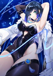 Rule 34 | 1girl, absurdres, armpits, arms behind head, arms up, black gloves, black leotard, black thighhighs, blue hair, braid, breasts, clothing cutout, diagonal bangs, dice, earrings, elbow gloves, fishnets, from below, fur-trimmed jacket, fur trim, genshin impact, gloves, green eyes, highres, jacket, jacket on shoulders, jewelry, kurisu~tina, large breasts, leotard, looking at viewer, multicolored hair, neck tassel, parted lips, short hair, simple background, single elbow glove, smile, stomach cutout, thighhighs, two-tone hair, vision (genshin impact), white jacket, yelan (genshin impact)