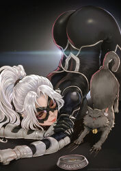 Rule 34 | 1girl, arched back, ass, black cat (marvel), breasts, cat, highres, huge ass, lips, looking at another, magion02, marvel, mask, medium breasts, one eye closed, skin tight, smile, spider-man (series), stretching, top-down bottom-up, white hair