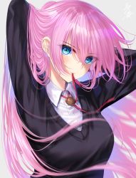 Rule 34 | 1girl, arms behind head, arms up, black sweater, blouse, blue eyes, breasts, closed mouth, collared shirt, commentary request, dress shirt, grey background, hair between eyes, highres, kawaii dake ja nai shikimori-san, long hair, medium breasts, mouth hold, pink hair, shikimori (kawaii dake ja nai), shirt, signature, simple background, solo, sweater, upper body, very long hair, white shirt, yunagi amane
