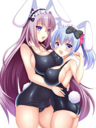 Rule 34 | 2girls, :d, animal ears, ass, asymmetrical docking, blue hair, blush, breast press, breasts, brown hair, cameltoe, covered navel, huge breasts, inma kourin devil carnival, long hair, maid headdress, multiple girls, old school swimsuit, one-piece swimsuit, open mouth, pink eyes, playboy bunny swimsuit, purple hair, rabbit ears, rabbit tail, school swimsuit, seta (monyun), side ponytail, smile, swimsuit, tail, very long hair