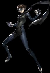 Rule 34 | 10s, 1girl, atlus, black hair, bodysuit, full body, head tilt, looking at viewer, mask, niijima makoto, official art, persona, persona 5, red eyes, scarf, shoulder spikes, soejima shigenori, solo, spiked knuckles, spikes, transparent background