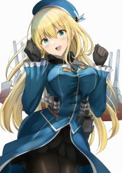 Rule 34 | 1girl, absurdres, ascot, atago (kancolle), beret, black gloves, black skirt, blonde hair, blue hat, breasts, cannon, coat, cowboy shot, frilled sleeves, frills, fur collar, gloves, green eyes, hair between eyes, hana hebi, hat, highres, kantai collection, large breasts, long hair, machinery, military, military uniform, open mouth, pantyhose, rigging, simple background, skirt, smile, solo, turret, uniform, white background