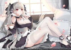 Rule 34 | 1girl, absurdly long hair, azur lane, between breasts, black dress, black footwear, black nails, breasts, cleavage, cup, dress, foot out of frame, formidable (azur lane), frilled dress, frills, from side, grey hair, high heels, highres, holding, holding cup, large breasts, long hair, looking at viewer, nail polish, necktie, necktie between breasts, official art, red eyes, shoes, sitting, solo, suzuhira hiro, tea, teacup, thighhighs, twintails, two-tone dress, two-tone ribbon, very long hair, white thighhighs