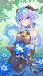 Rule 34 | 1girl, absurdres, ahoge, bad id, bad pixiv id, bare shoulders, bell, black legwear, blue flower, blue hair, blush, bow, breasts, chinese knot, detached sleeves, flower, flower knot, ganyu (genshin impact), genshin impact, glaze lily, gloves, gold trim, highres, holding, holding flower, horns, long hair, looking at viewer, low ponytail, medium breasts, neck bell, outdoors, purple eyes, sidelocks, sitting, smile, solo, tassel, thighlet, toumin (onemunemu99), vision (genshin impact), wariza, white sleeves