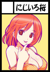 Rule 34 | 1girl, :p, black border, blush, border, breasts, circle cut, cleavage, koutaro, large breasts, looking at viewer, lowres, red hair, simple background, smile, solo, strap slip, tongue, tongue out