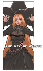 Rule 34 | 1girl, avalon no kagi, breasts, cleavage, dress, g-room honten, glasses, green eyes, hat, large breasts, long hair, orange hair, solo, the key of avalon, wand, witch, witch hat