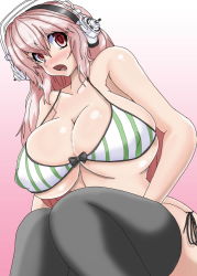 Rule 34 | 1girl, bikini, black thighhighs, breasts, covered erect nipples, curvy, female focus, headphones, huge breasts, long hair, nitroplus, open mouth, pink hair, red eyes, simple background, sitting, solo, striped bikini, striped clothes, super sonico, swimsuit, thighhighs, ura, urx ura