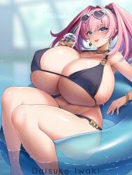 Rule 34 | 1girl, artist name, bikini, black bikini, blue eyes, blurry, blurry background, blush, bracelet, breasts, breasts on lap, drink, earrings, female focus, heart glasses, holding, holding drink, huge breasts, inflatable armbands, jewelry, kisuke i, looking at viewer, o-ring, o-ring bikini, open mouth, pink hair, pointy ears, shiny skin, sitting, smile, solo, straw, sunglasses, sunglasses on head, swimsuit, thick thighs, thighs, twintails, underboob, wide hips
